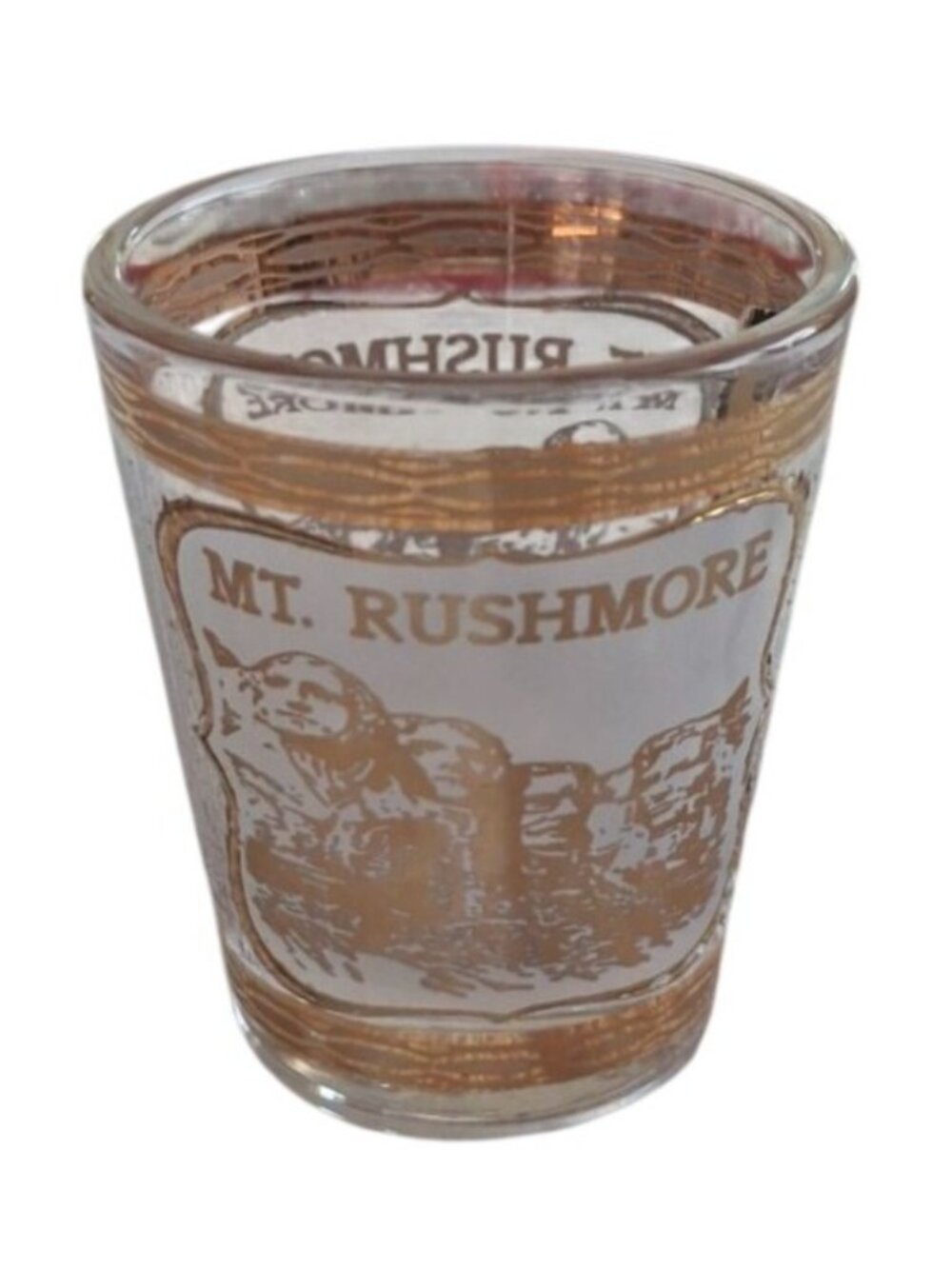 Vintage Mt Rushmore Shot Glass Gold Trim USA Souvenir Americana Travel Collectib